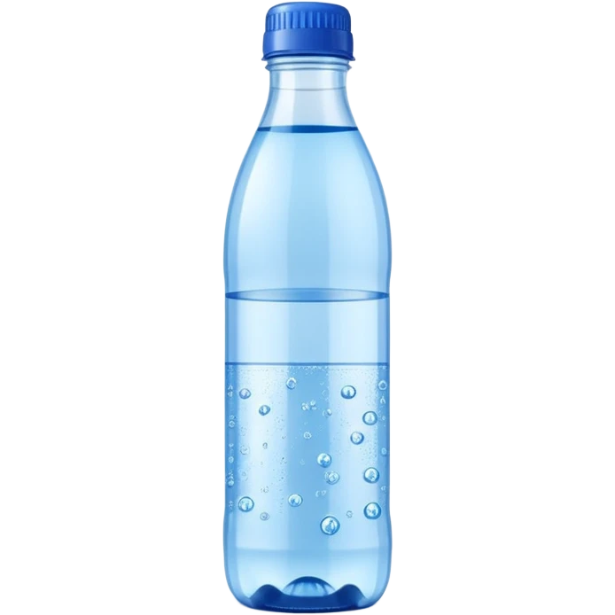 slim transparent plastic bottle of sparkling water with blue plastic cap, small bubbles, minimal blank label, clear fizzy water, soft reflections, simple refined design, 3D rendered, soft lighting, emoji scale emoji