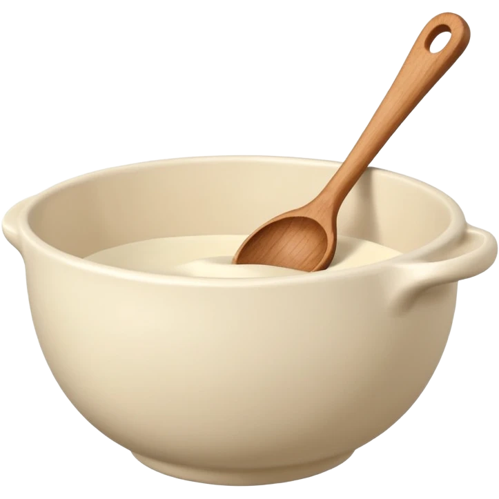 a cream ceramic mixing bowl with a wooden spoon stirring emoji