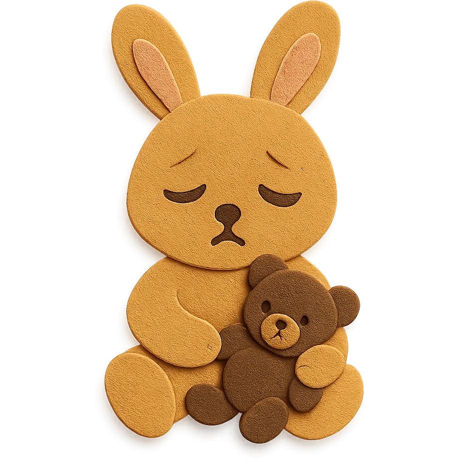 flawless, highly detailed, high quality paper craft style illustration of a caramel-colored bunny holding a teddy bear, eyes drooping, perfect proportions, no imperfections, intricate textures, soft lighting, delicate cut-paper details emoji
