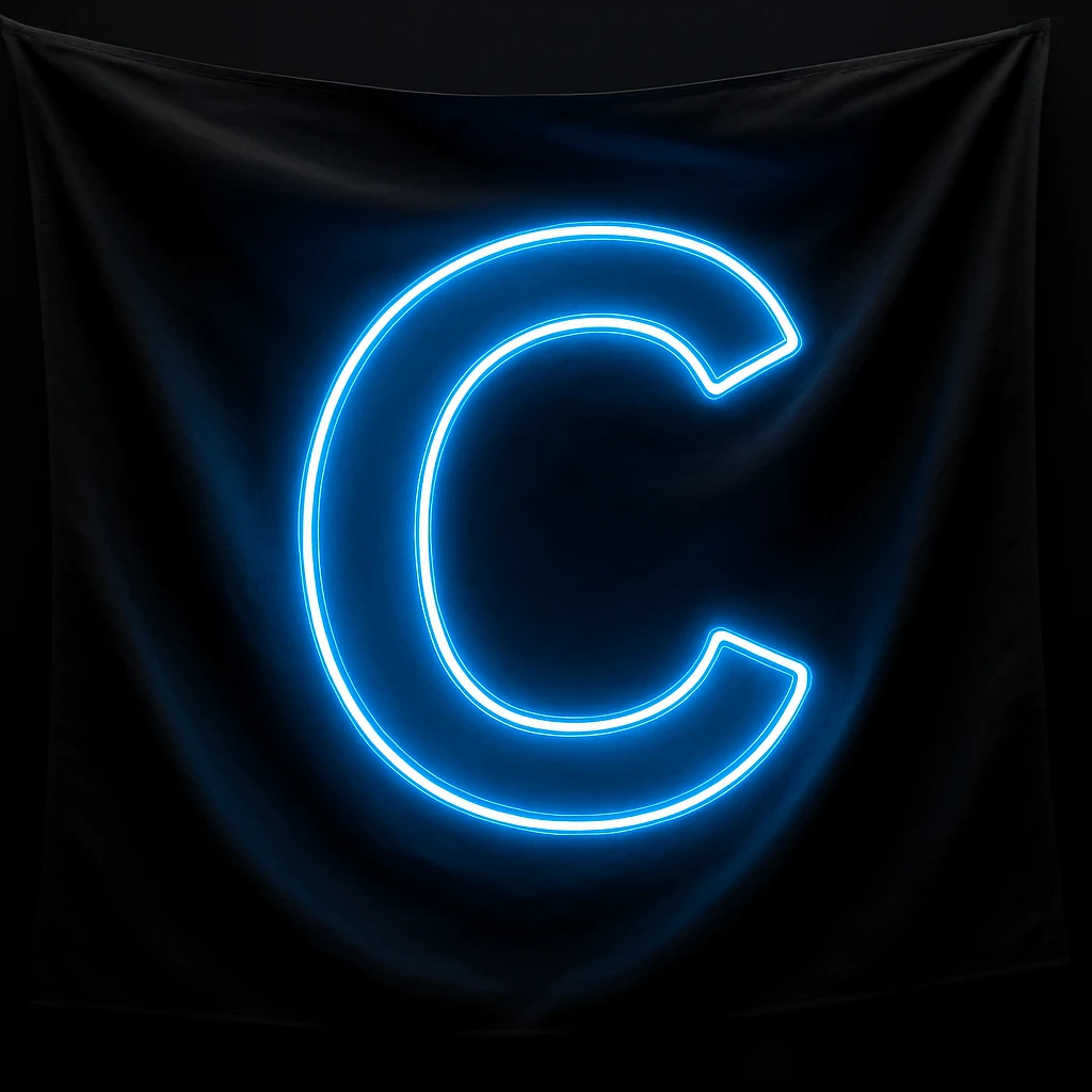 Make the flag wave with a dark flag and electric blue neon glowing letter C. Keep the neon letter C glowing brightly. The style should emphasize the electric blue neon glow on the letter C and the waving motion of the dark flag, with a dark background enhancing the neon effect. emoji
