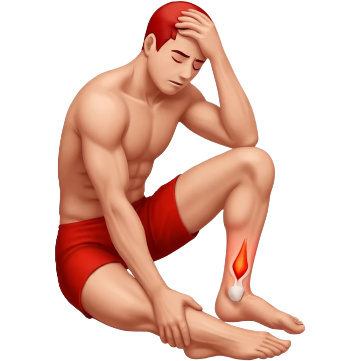 Man holding his foot in pain, muscle cramp in feet, red pain highlight on foot, simple medical emoji style, clean background emoji