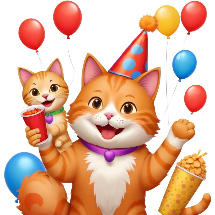 cat laughing with friends, surrounded by balloons and snacks, college party scene emoji