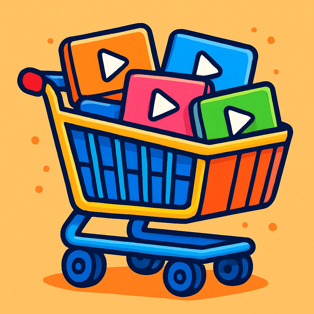shopping cart with video player icons inside, vibrant toon style emoji