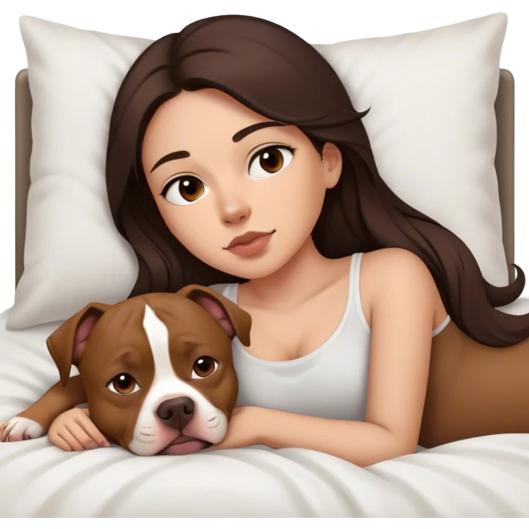 Girl long dark brown hair in layers cascading  down her face lays bed with her cell phone and her brown pit bull lays guarding her emoji