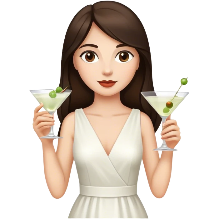 Beautiful woman in 1950’s woman fashion look, white dress, long dark brown hair, martini  emoji
