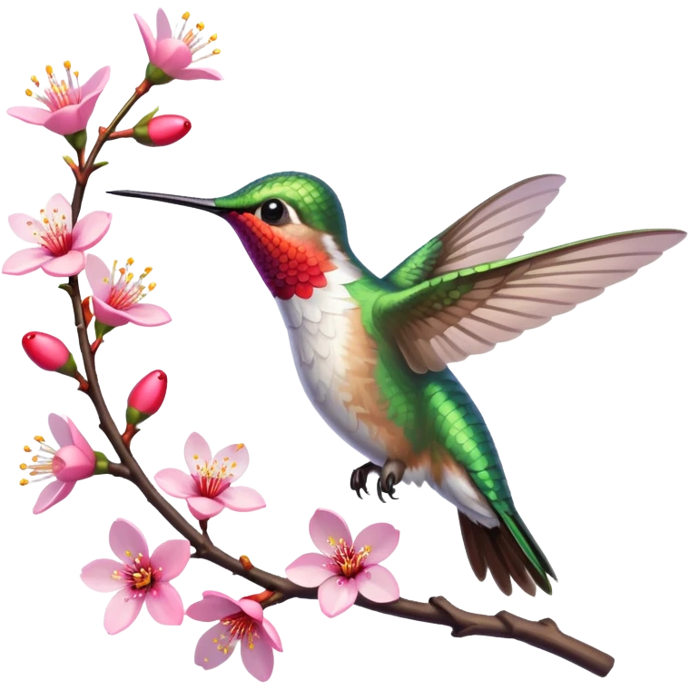 illustration, Whimsical Hummingbird still life. Vivid Whimsical color scheme, ultra detailed with cherry blossoms,, hyperrealistic. 8k, 5000x5000, clean, very thin lines, smooth appearance, 3D, no emoji icons or faces, full transparent background  emoji