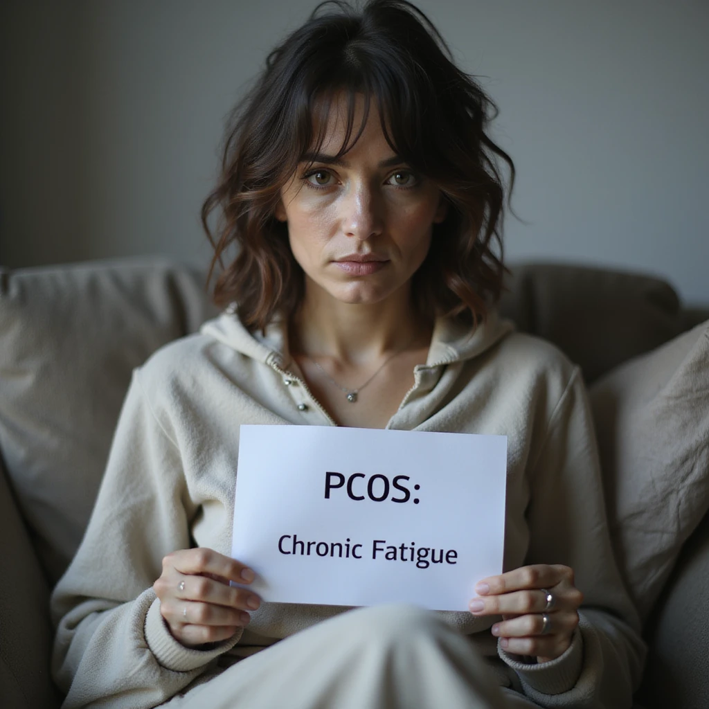 hyperrealistic 4K image of a woman with PCOS, wearing comfortable clothes, messy hair, eyes with dark circles, sitting on a sofa holding a medical report with text 'PCOS' and 'Chronic Fatigue', afternoon clock visible emoji