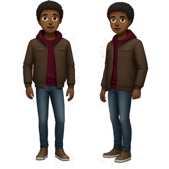 black boy, very short brown hair, brown eyes, full body, young, brown jacket with burgundy sweater emoji
