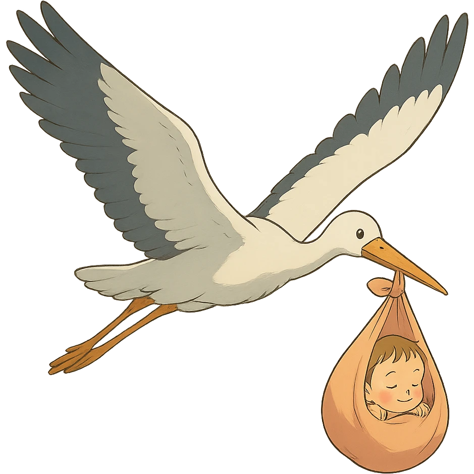 stork flying with a human baby in a bundle, ghibli style emoji