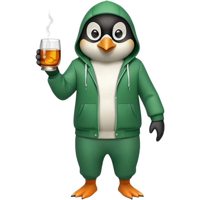 full body friendly anthropomorphised penguin wearing green mafia-style tracksuit, angry confident scheming stance, holding glass of whiskey emoji