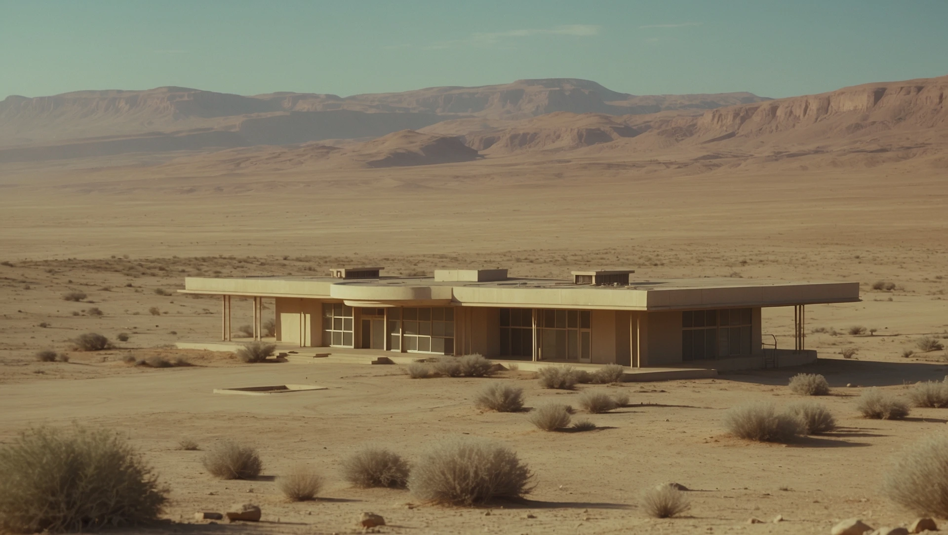 Cinematic still from 1990s Retro Space movie, film called Retro Futurism, Establishing scane showing desert with single bulding, big landscape in background showing loneliness emoji
