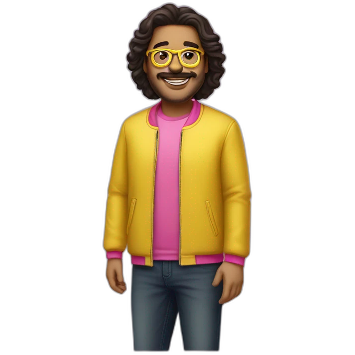plus-sized man with dark hair,a vibrant long yellow jacket, pink glasses. Show full lenght peson emoji