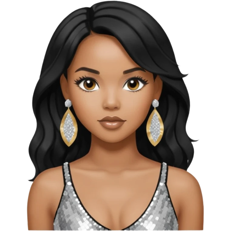 LeToya Luckett with black long hair, silver sequin crop top, silver earring emoji