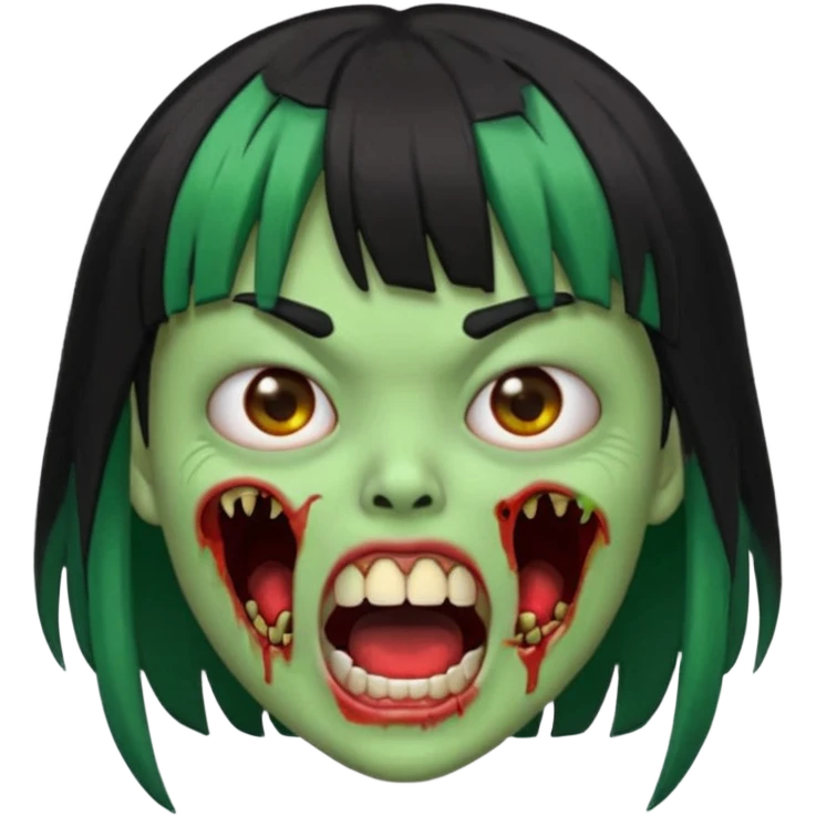 scary zombie emoji, green skin, medium black hair with bangs, open mouth showing teeth emoji