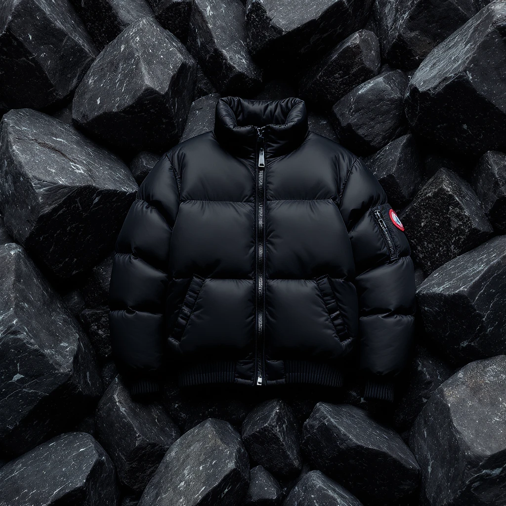 cinematic still of a black puffer jacket around black stone environment emoji