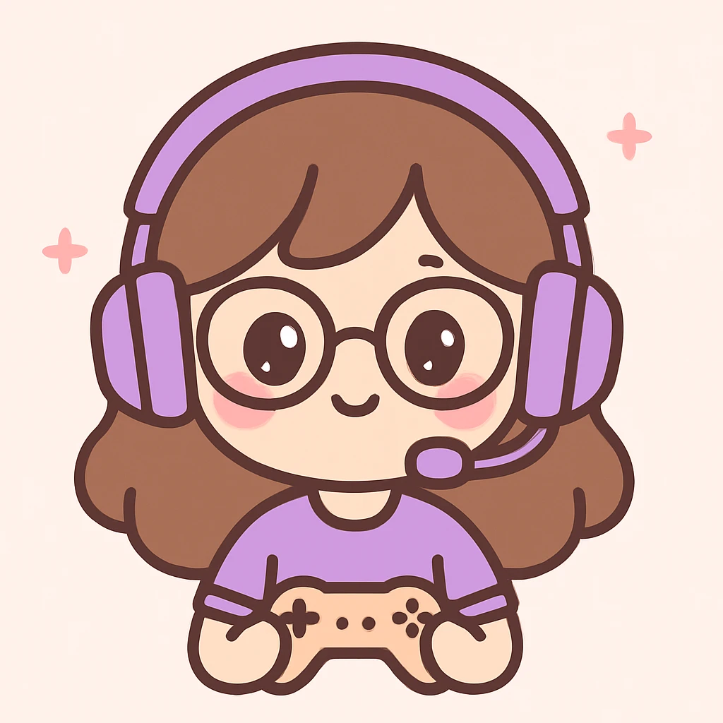 female brunette with glasses and a purple gaming headset, cute cartoon style emoji