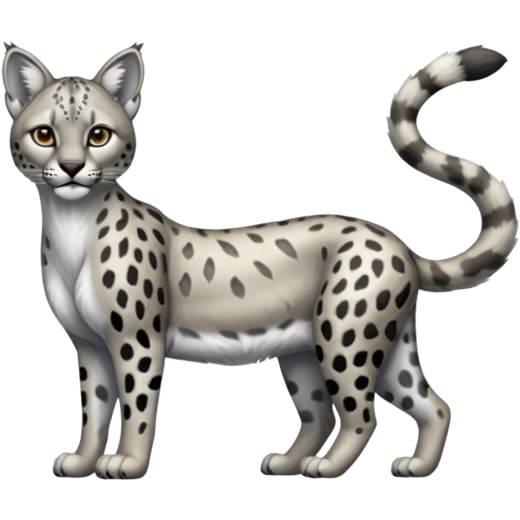 Realistic patterned marked edgy greyish blackish whitish silvery Shiny Colorful Glossy Cougar-Snow-Leopard-Caracal-Lioness-Bobcat-fusion-animal-hybrid-creature, full body, tufted ears, long thin tufted tail emoji