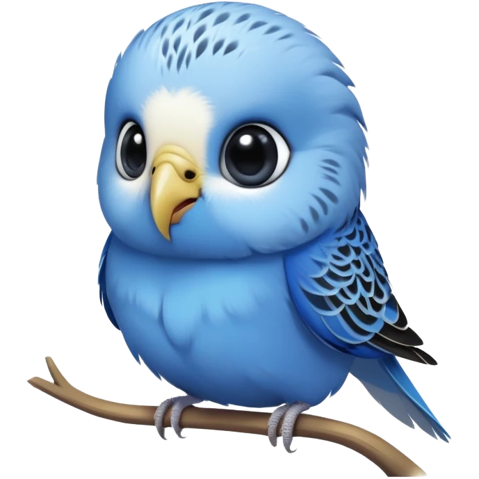 cinematic-cute-blue-budgie-portrait-emoji,-head-tilted-playfully-and-inquisitively,-featuring-a-brilliant-blue-feathered-fur-and white and black feathered face-with-a-natural-sheen,-round,-sparkling-dark-eyes-filled-with-curiosity,-simplified-yet-irresistibly-adorable emoji