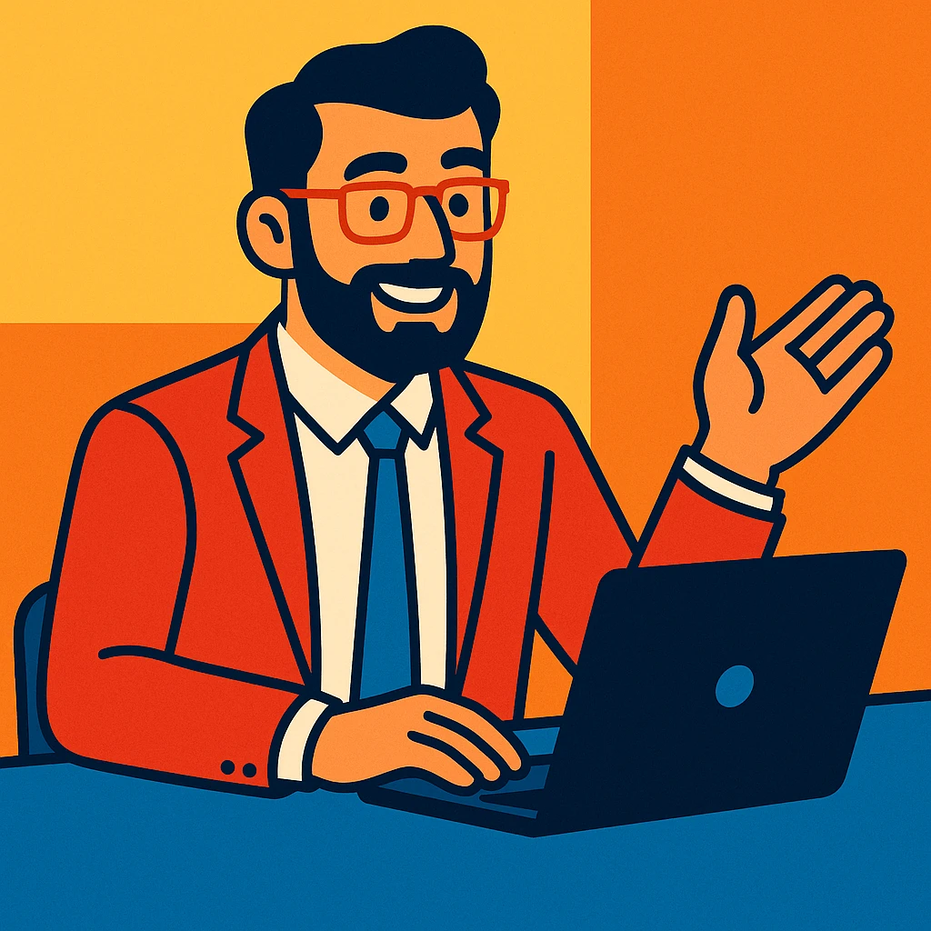 A 35-year-old male business coach sitting at a table with a laptop emoji