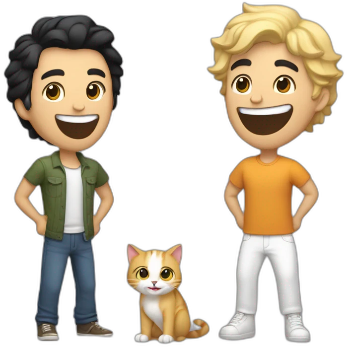 Gay couple, 1 guy Latino black straight hair and 1 Australian white guy with blonde slightly curly hair laughing full body and a cat in the middle emoji