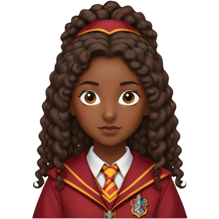 Alicia Spinnet in harry potter, wear hogwarts gryfindor uniform, long, dark, curly ponytail hair, dark skin emoji