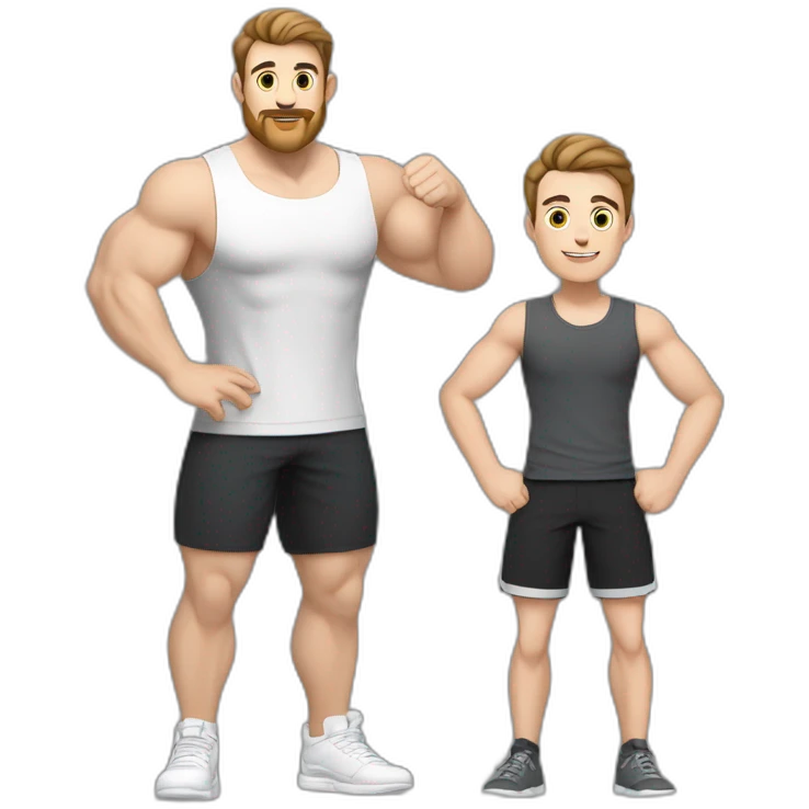 Full height Actively gesturing with hands Pale skinned Fit Man With the biceps and brown hair in dark gray Sleeveless Mike, black oversize sports shorts, watch and white Sneakers emoji