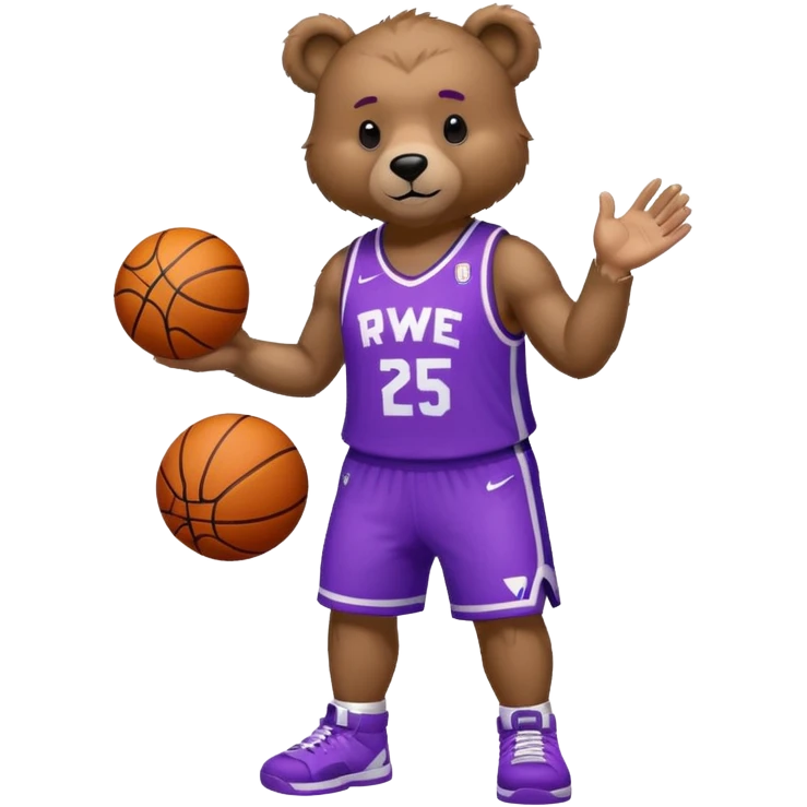 Bear with full body and wearing basketball white and purple jersey that says RWE  emoji