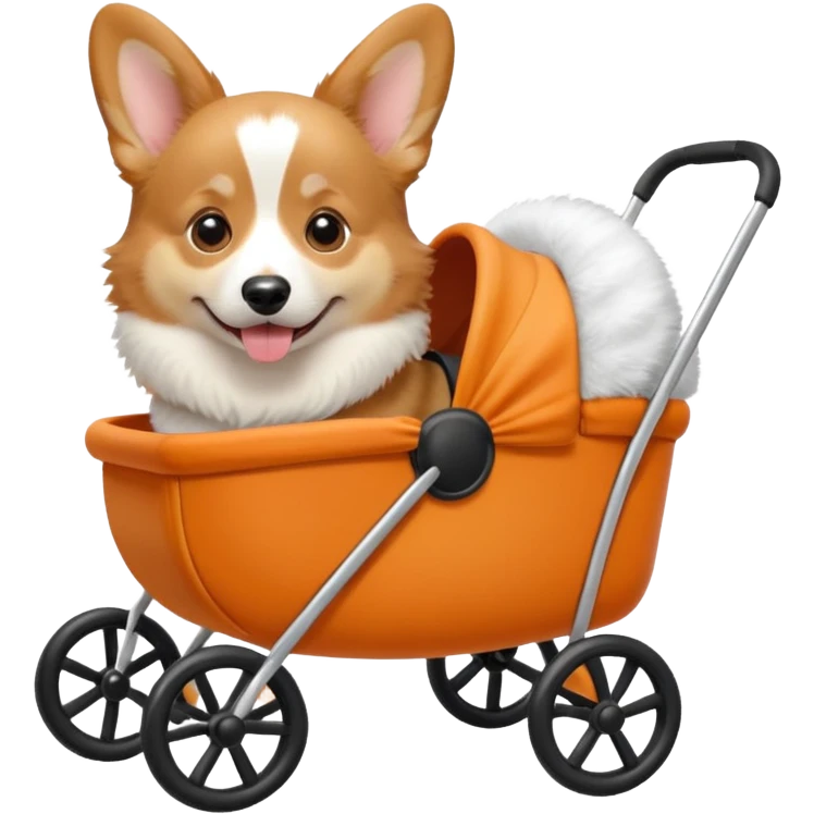 lifelike corgi in a dog stroller, apple emoji look emoji