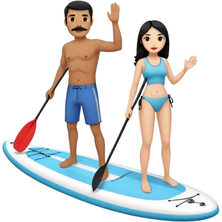 Make a couple paddle boarding both white skin and black hair and the guy has a black mustache, both using the same paddle board emoji