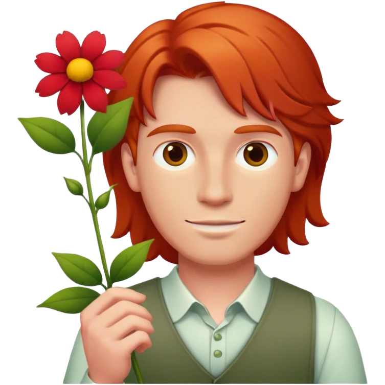 a red head man holding a flower emoji