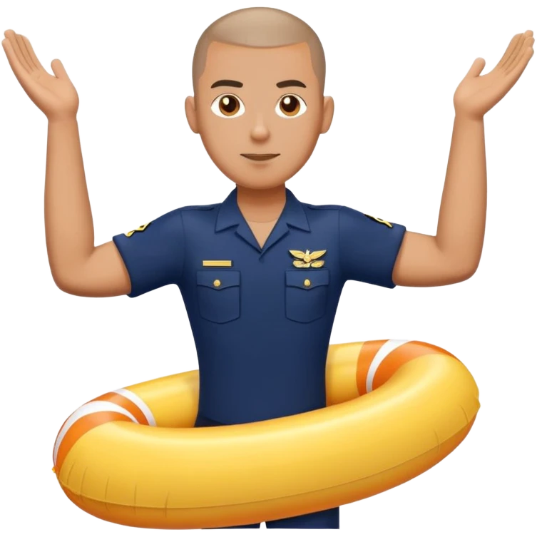 A man with a buzz cut and he is wearing pool floats on his arms and a navy uniform emoji
