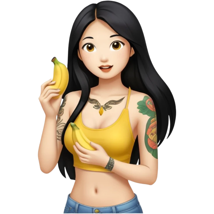 Beautiful Asian girl with long black hair and body tattoos eating a banana sfw emoji
