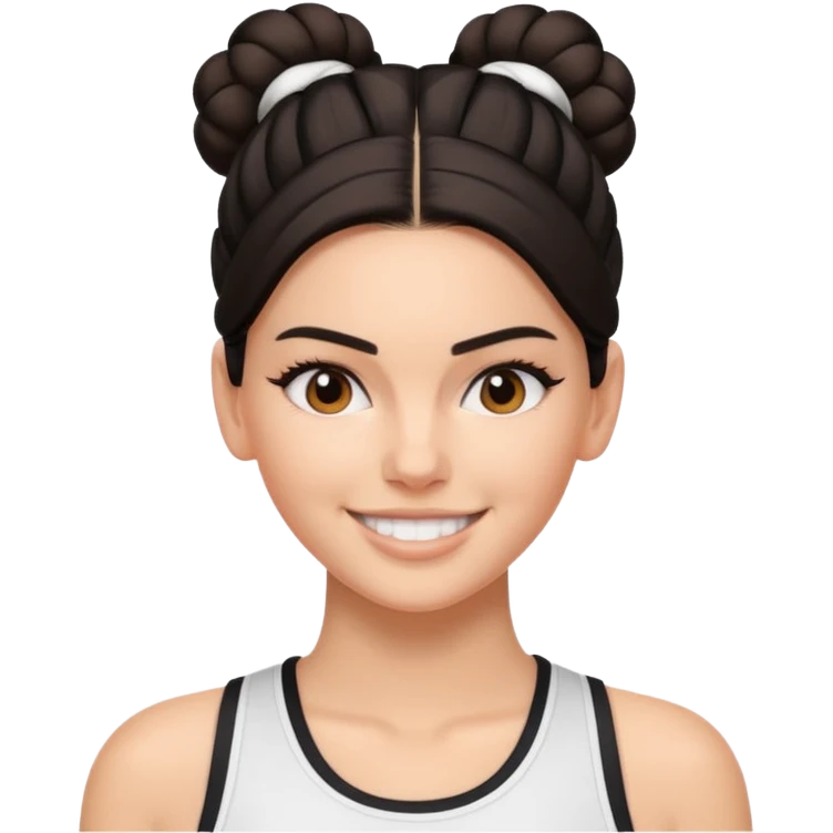 Kendall Jenner as an emoji, sporty style, hair in a bun, athletic wear, confident smile emoji