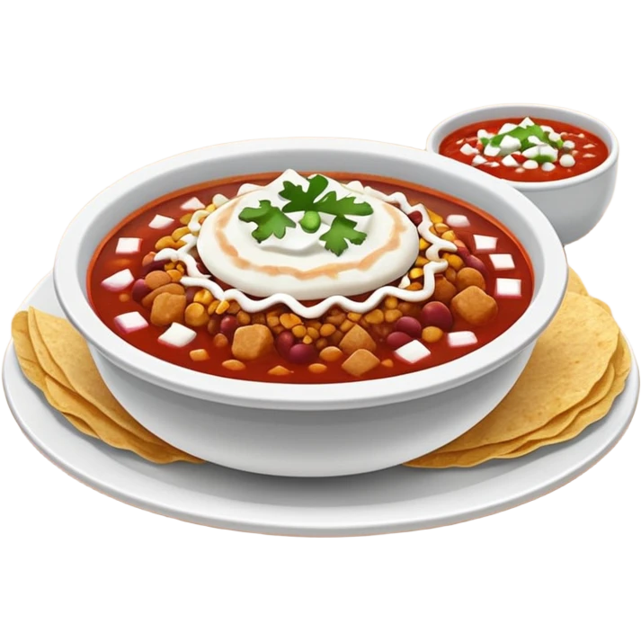 a hot bowl of pozole with a side of tostada with sour cream and red salsa emoji