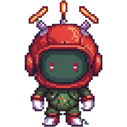 Red bomberman character, round helmet with antenna, fiery design elements, determined expression, pixel art style emoji