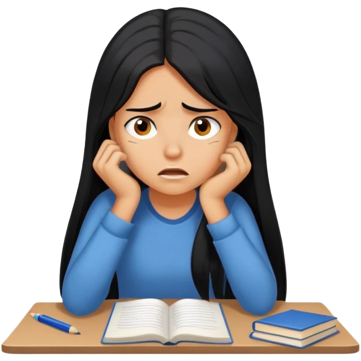 Pretty tanned girl with long black hair, stressed out about homework emoji