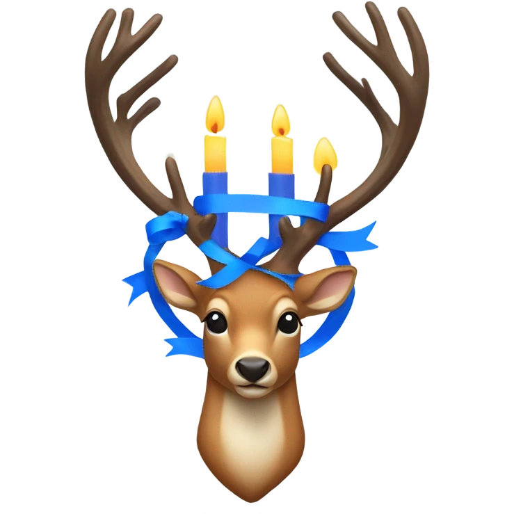 Deer with 4 antlers lit up like candle on each side with a blue ribbon around neck  emoji