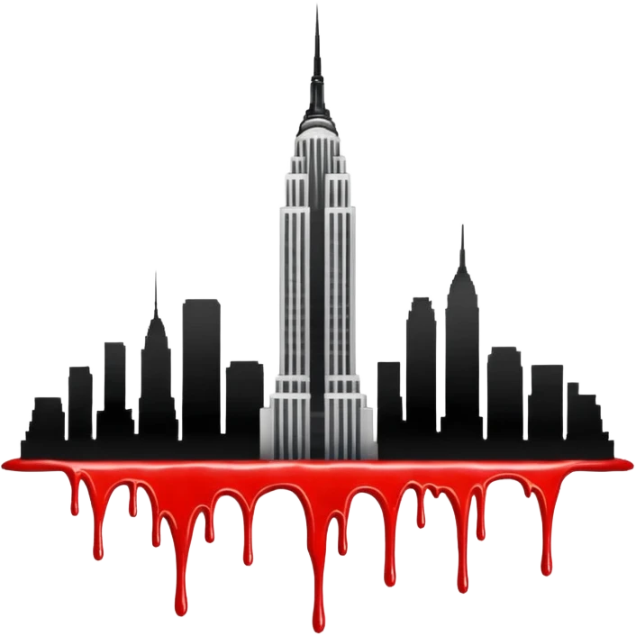 Angola scene with upside down Empire State Building, AB- blood dripping emoji