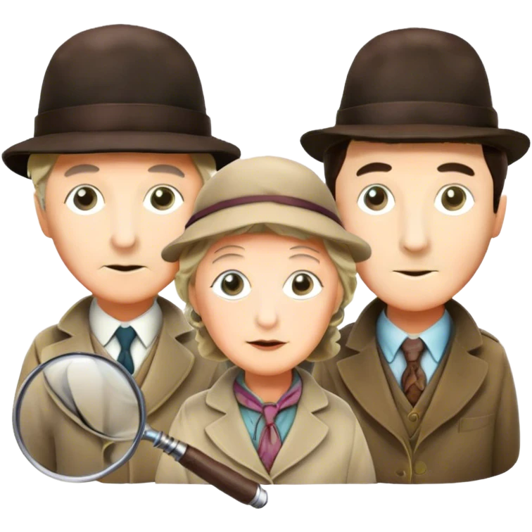 Icon for Detective Movies: A colorful collage with Sherlock Holmes, Miss Marple, and Pinkerton. Include magnifying glasses, clues, and detective tools. The design should evoke mystery and intrigue, with a classic detective movie feel. Transparent background. emoji