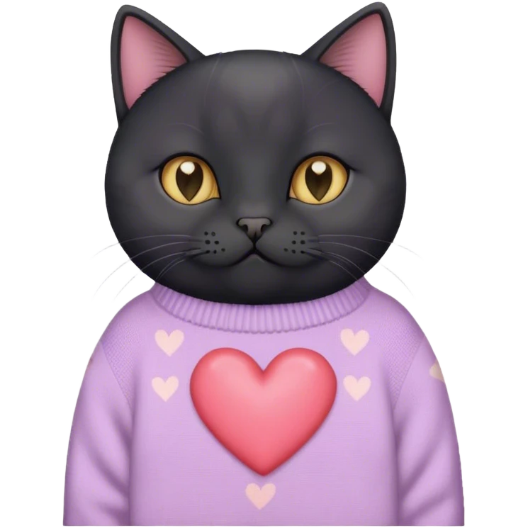 cute black british cat sitting 
 in a cute pastel sweater with hearts emoji