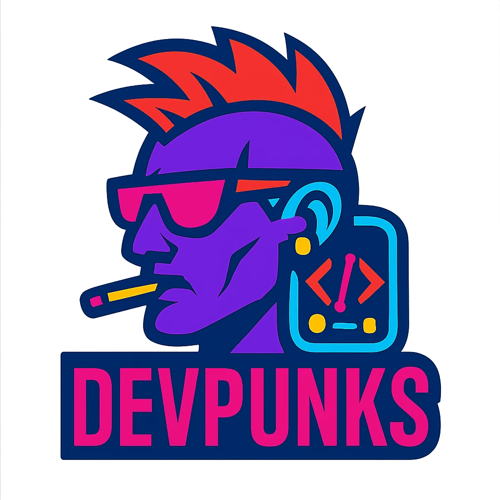 devpunks logo, edgy, cyberpunk style, neon colors, bold, modern design emoji