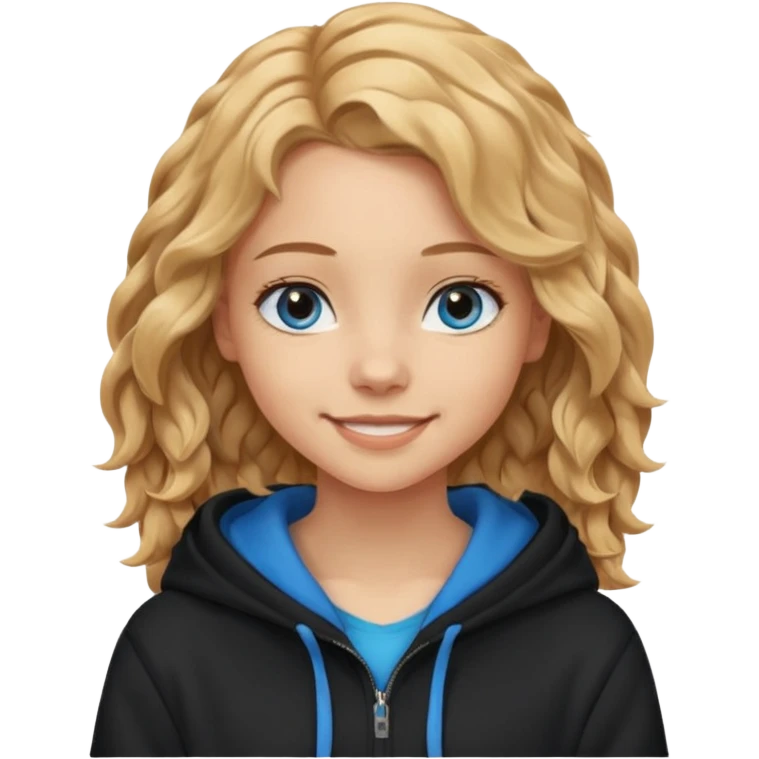 мила дівчинка з пшеничним хвилястим волоссям до грудей з голубими очами в чорному худі посміхається emoji