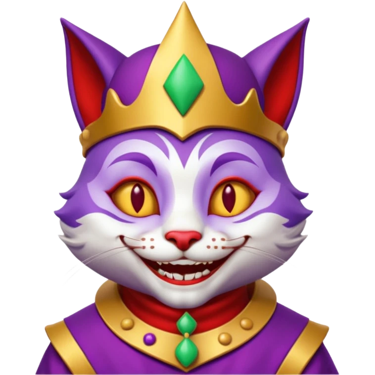 crazy colorful cute little cat jolly joker from poker, medieval, vintage, court jester, mac os icon, purple, gold and red color, half body. Squared shape as 3D mac os icon emoji