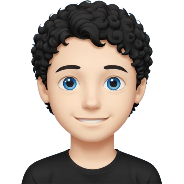 boy, young face like 20 years, blue eyes, medium curly hair black, easy smile, black t-shirt, purple background. emoji