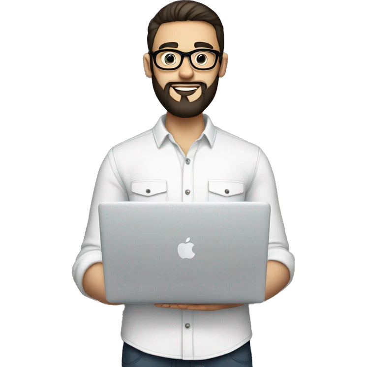 Emoji man with beard holding macbook in hands wearing glasses and shirt, profession - graphic designer. Features: white skin, full body type, dark hair, age 21 years, earring in left ear emoji