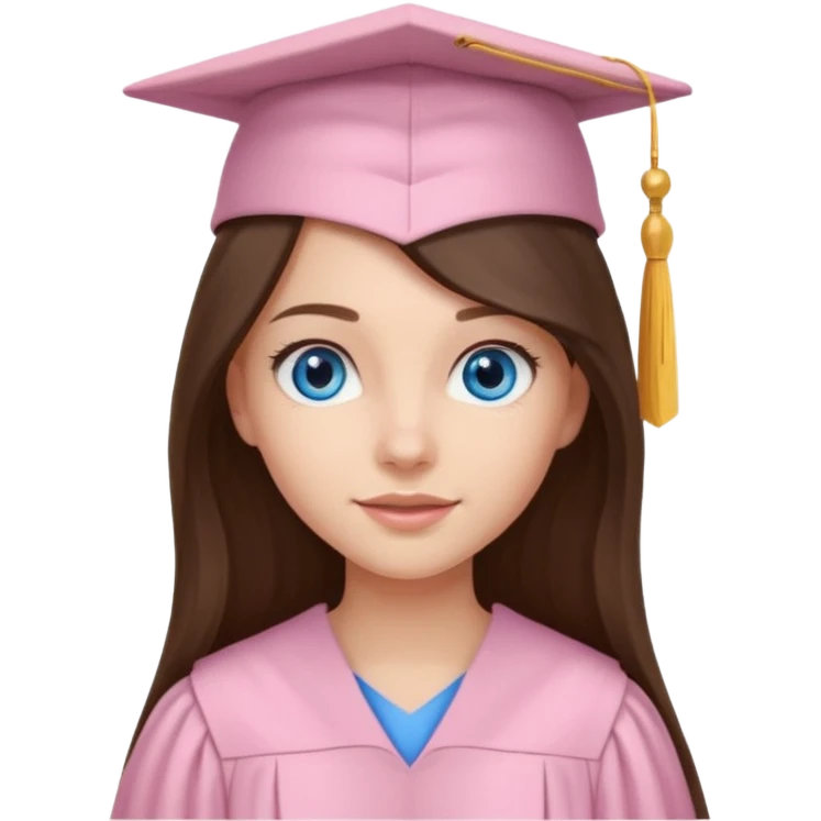 young brunette girl long hair, blue eyes and light pink gown and cap university graduate emoji