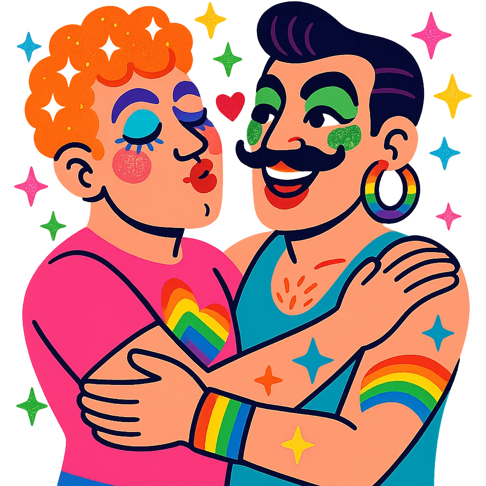 two men with exaggerated campy style, glitter, makeup, rainbow accessories, playful and loving emoji