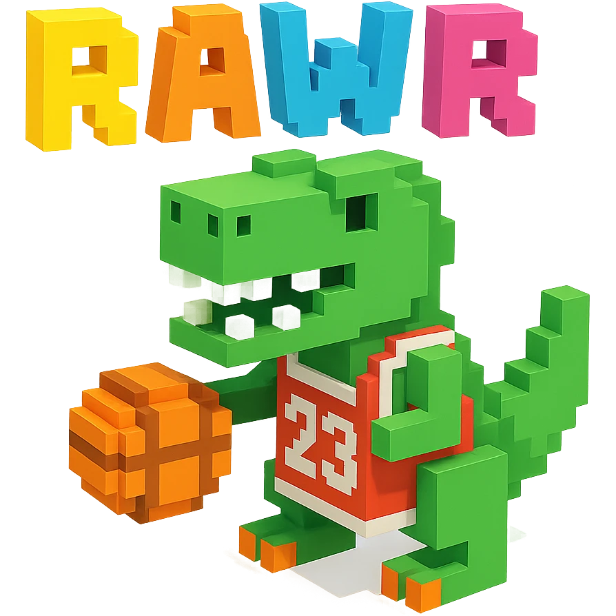 надпись "RAWR" и динозавр с баскетбольном мячом в майке с надписью "23", no background  emoji