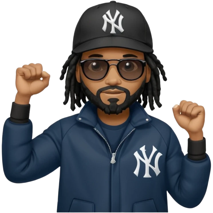 African American man with shoulder length black dreadlocks with black beard wearing black sunglasses wearing a New York Yankees logo baseball cap wearing a all dark black bubble winter coat flexing arm muscles emoji