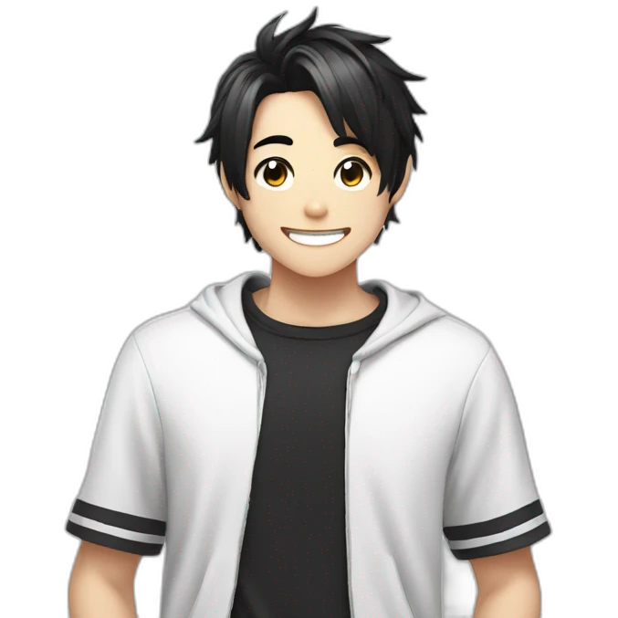 anime boy cartoon smiling with black haircut and black and white t shirt emoji